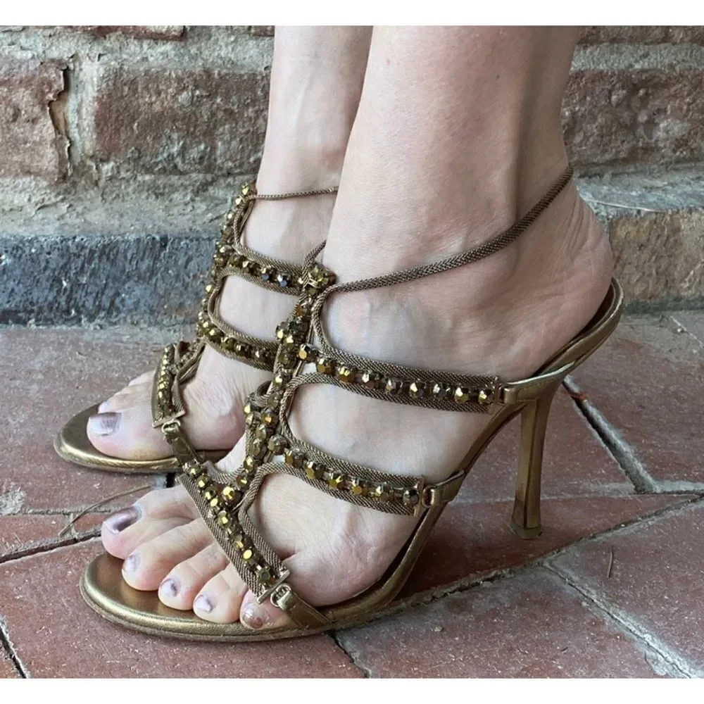 Jimmy Choo Gold Metallic Leather And Jewel Embellished Strappy Sandals